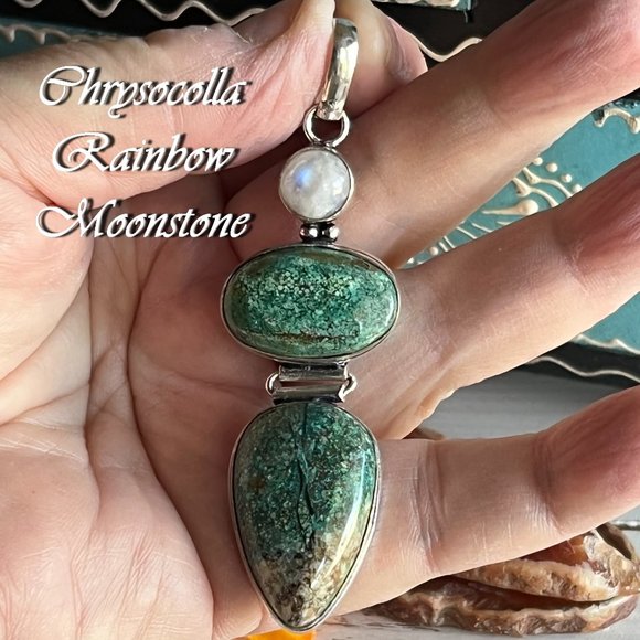 Uniquely Chic Boutique 1 Jewelry - Chrysocolla Pendant Moonstone Long Gemstone Handmade 925 Silver Ethnic Bohemian